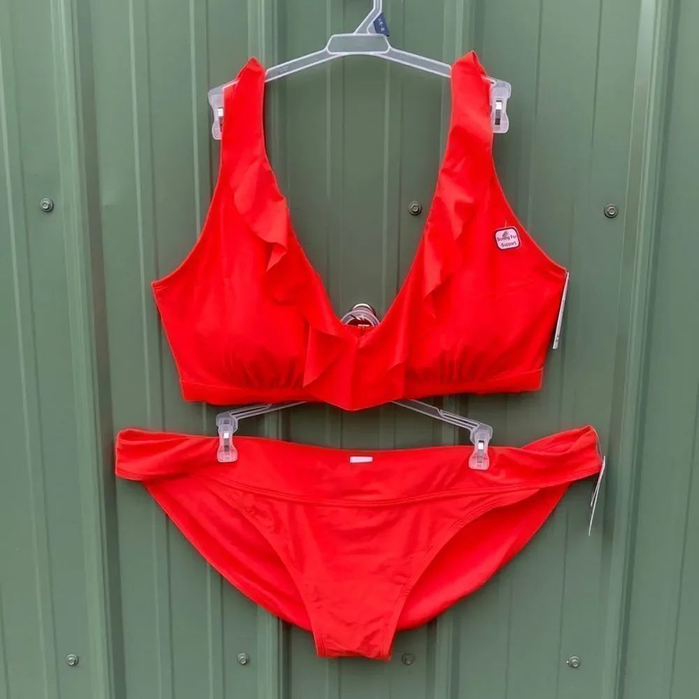 Bikini, Ruffled Plunge Top & Mid Rise High Cut Bottoms Swimsuit 2-Piece Size 3X